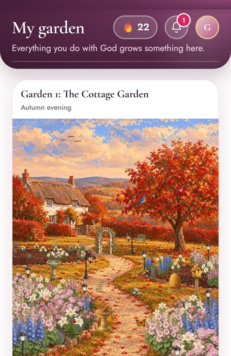 The Garden screen: the Cottage Garden in autumn with a winding path and flower beds