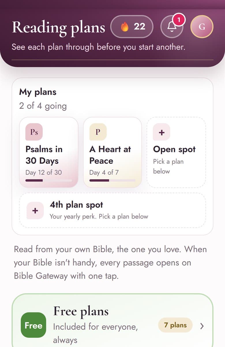 The Plans screen: two plans in progress, open plan spots, and the free plans