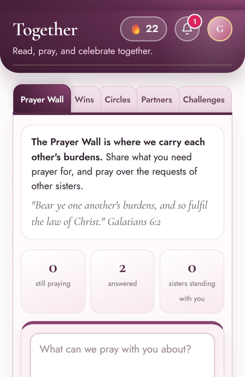 The Together screen: tabs for Prayer Wall, Wins, Circles, Partners, and Challenges