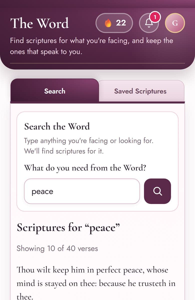 The Word screen: a search for peace showing Isaiah 26:3