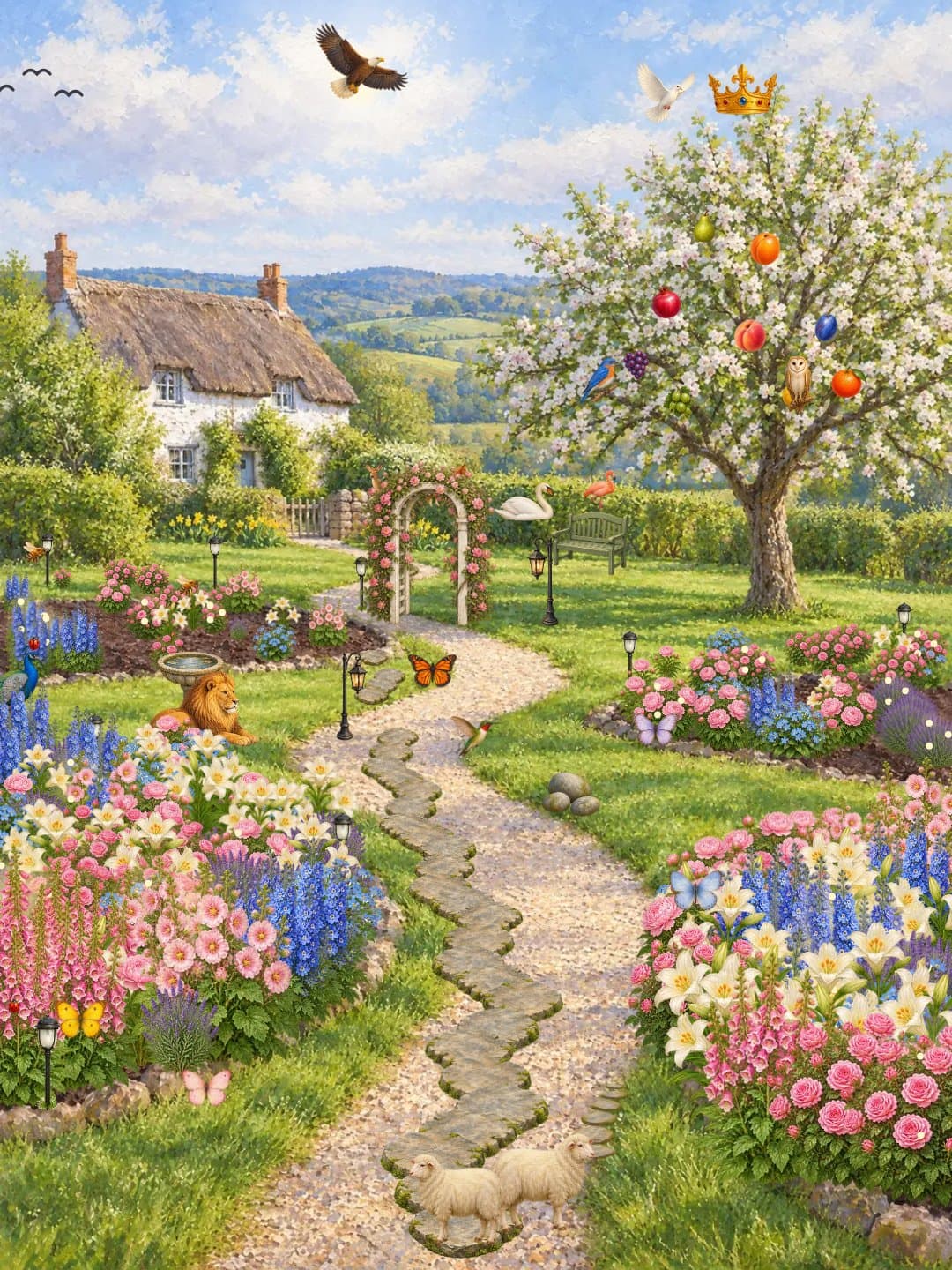 A Rooted garden in spring: a cottage, a stone path through full flower beds, the Fruit of the Spirit tree in blossom, and visitors like butterflies, a swan, and lambs